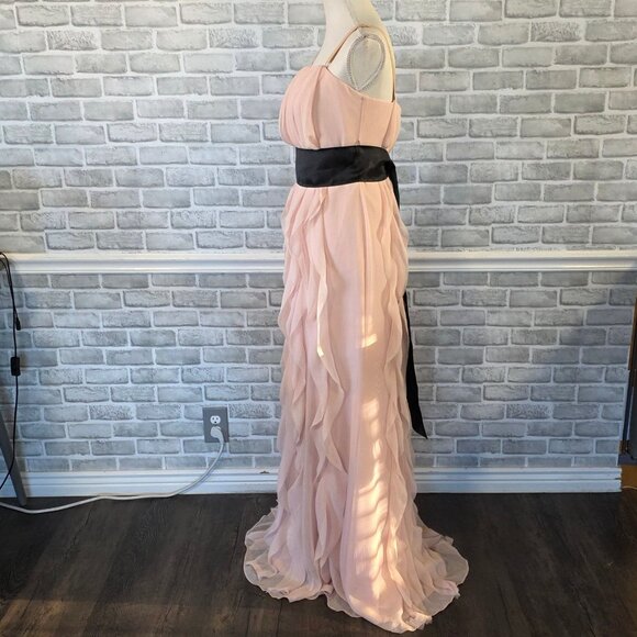 Vera Wang White Blush Pink Chiffon Dress Black Sash Ruffled Feminine Romantic 8 - Picture 2 of 12